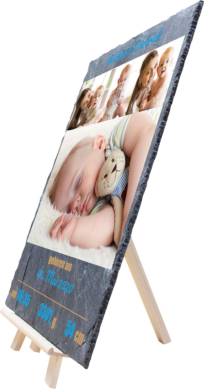 wandmotiv24 Schieferplatte mit eigenen Fotos zur Geburt, 20 x 30 cm, inklusive Staffelei, 4 Fotos +
