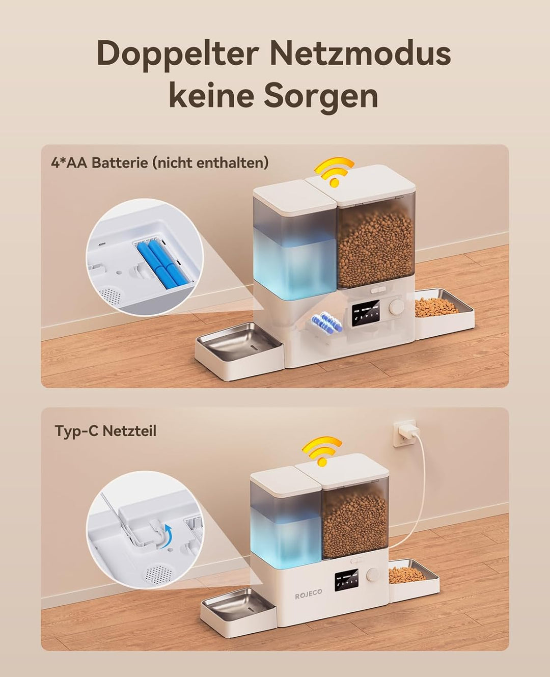 ROJECO Futterautomat Katze und Trinkbrunnen 2-in-1 mit APP WiFi Timer 8,5L katzenfutter automat(5L+3