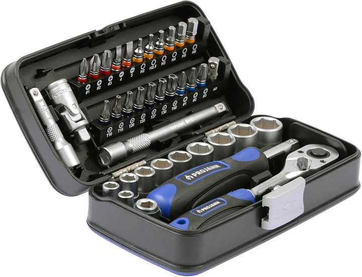 Projahn Mini Steckschlüssel und Bit-Box 38-tlg. (kompaktes Set mit verschiedenen Steckschlüssel, far
