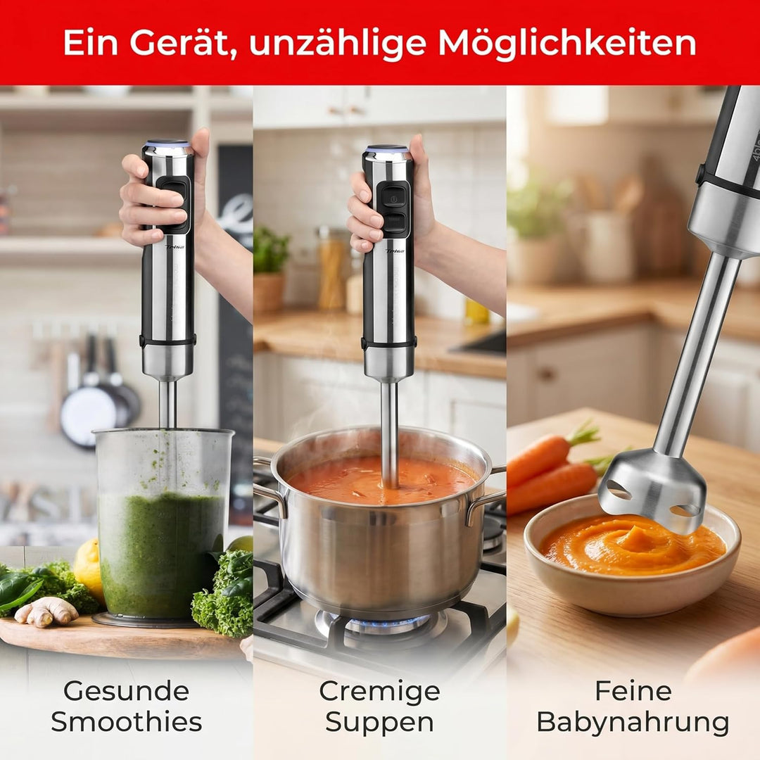 Trisa Stabmixer, 1200W, Edelstahl Pürierstab, Hand Blender mit 4-Klingen-Cutter, variable Geschwindi