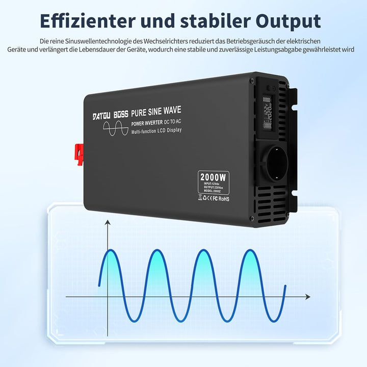 DATOUBOSS 2000W Wechselrichter Reiner Sinus 12V auf 230V Spitzenleistung 4000W mit 1 EU-Steckern, LC
