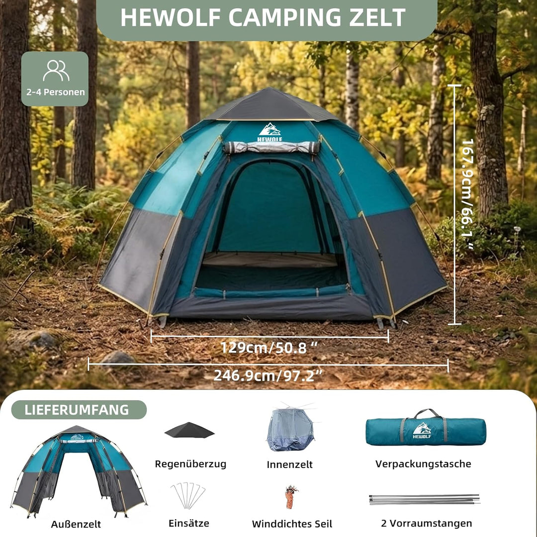 Hewolf Camping Zelt - Zelt 2/3/4 Personen Wasserdicht mit Vorzelt Familienzelt Einfache Einrichtung