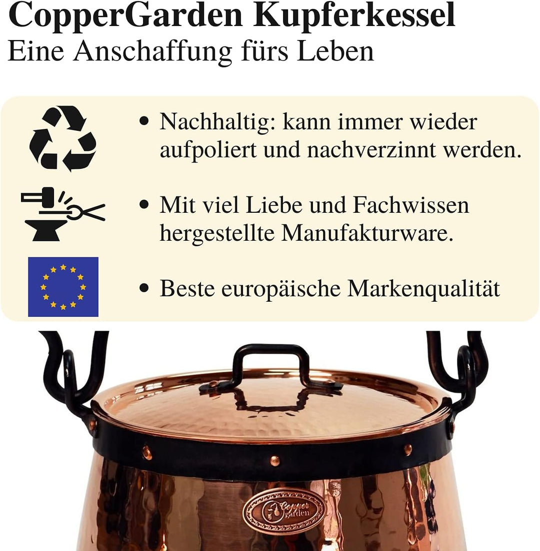 CopperGarden Kupferkessel 20 L mit Henkel &amp; Deckel - Hexenkessel I Robuster Kessel aus verzinntem Ku