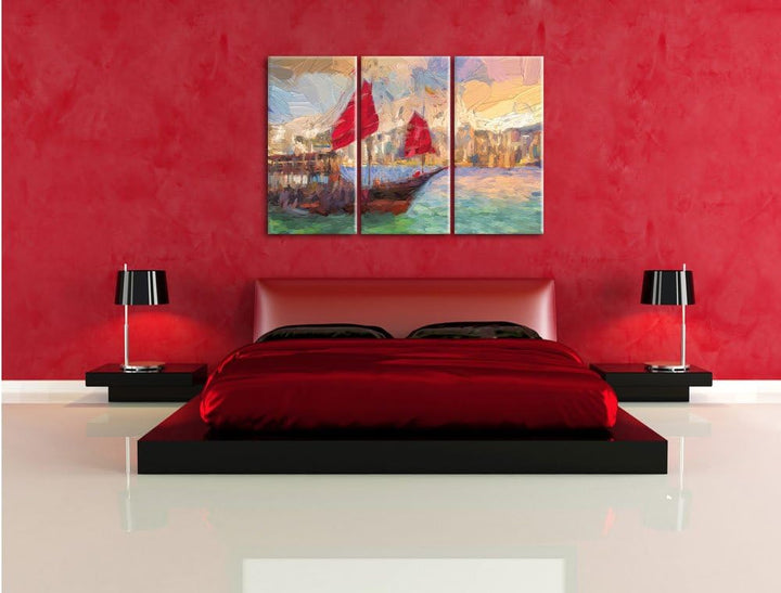 Pixxprint Segelschiff mit Segeln 3Teiler 120x80 cm Leinwandbild Wandbild Kunstdruck