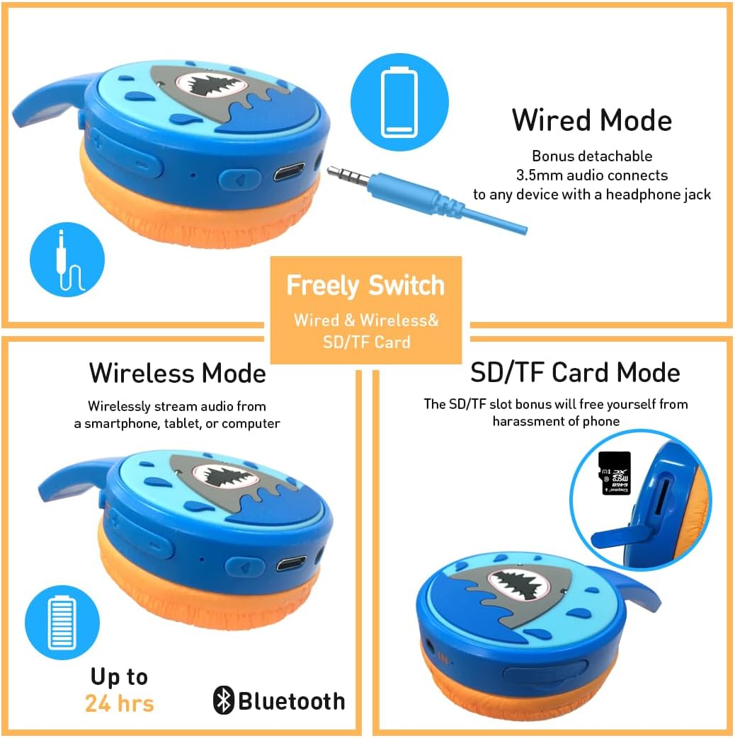 Bluetooth Kopfhörer Kinder, Shark Kinder Kopfhörer mit Kabel, Mikrofon, 85dB Lautstärkebegrenzung, 3