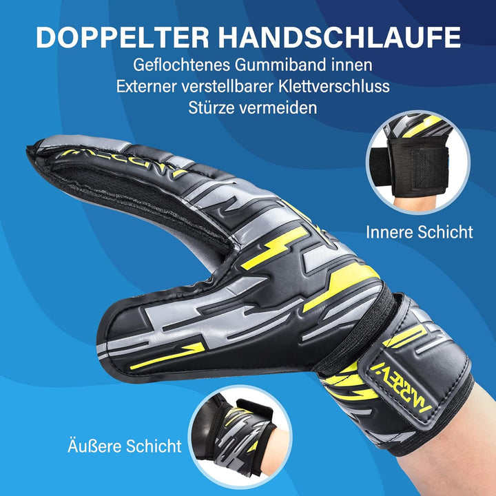 Anrrew Fussball Torwarthandschuhe mit Fingerschutz und doppeltem Handgelenkschutz. Torwarthandschuhe