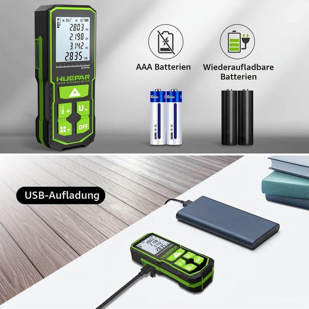 Huepar Laserdistometer 393Ft(120M) mit wiederaufladbaren Akku und Doppelwinkel–Display, Lasermessung