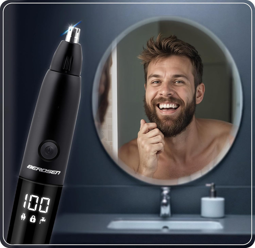 Berdsen Nasenhaartrimmer 3in1 Herren Elektrisch Ohrhaartrimmer Präzisionstrimmer 3 Wechselköpfe LCD