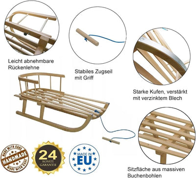 Holzschlitten für Kinder mit Rückenlehne Rodelschlitten Davoser Schlitten aus Holz mit einem Sicherh