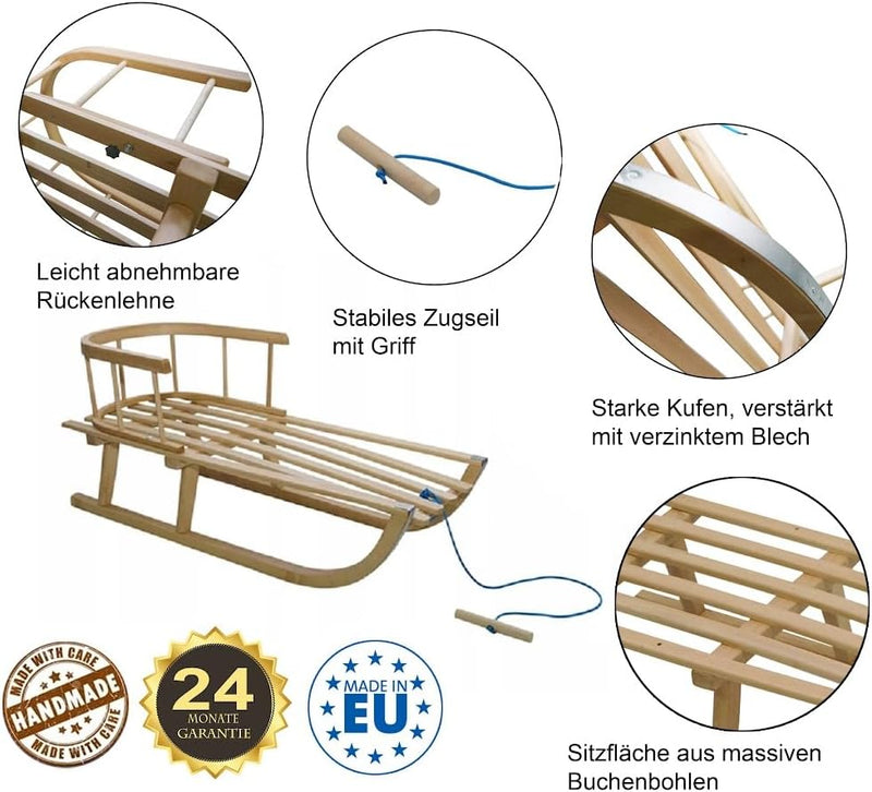 Holzschlitten für Kinder mit Rückenlehne Rodelschlitten Davoser Schlitten aus Holz mit einem Sicherh