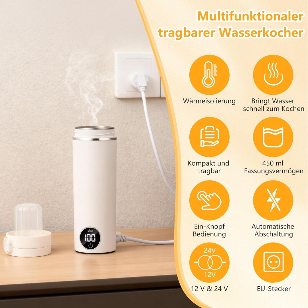 GuKKK Reisewasserkocher, 450ml Mini Wasserkocher,Fahrzeug Beheizter 12V, Auslaufsicher,6 Temperature