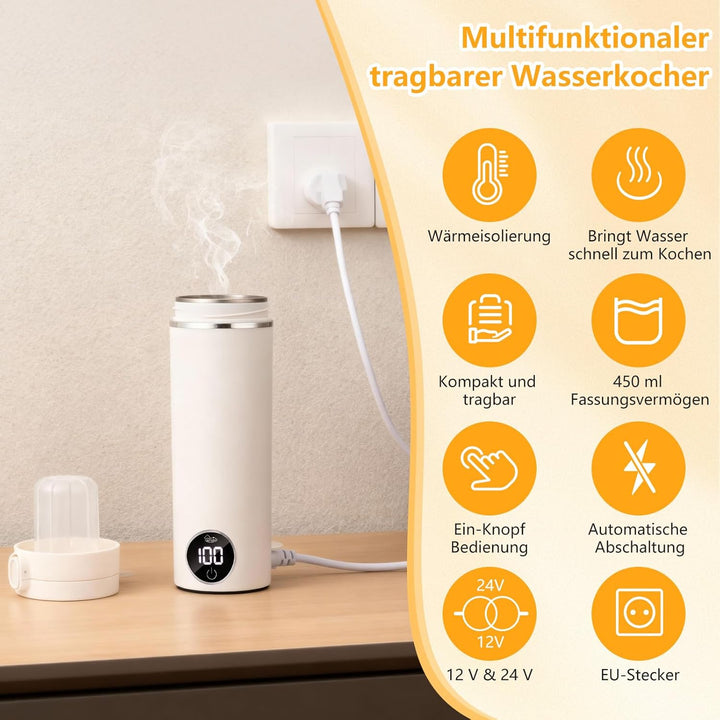 GuKKK Reisewasserkocher, 450ml Mini Wasserkocher,Fahrzeug Beheizter 12V, Auslaufsicher,6 Temperature