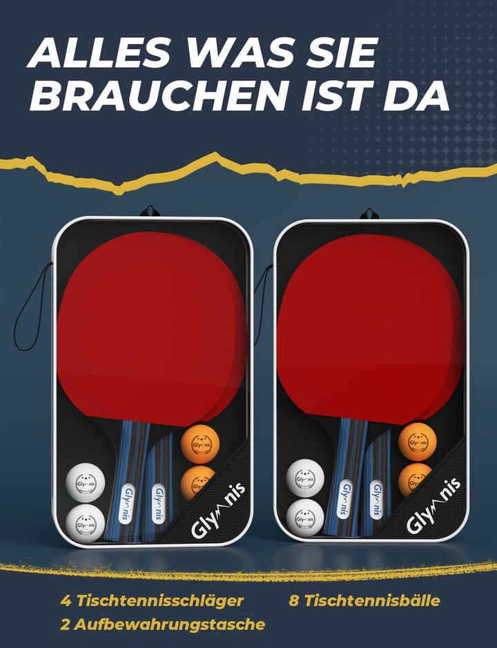 Glymnis Tischtennis Schläger, 4 Tischtennisschläger + 8 Bälle, Tischtennis Set mit 2 Tasche