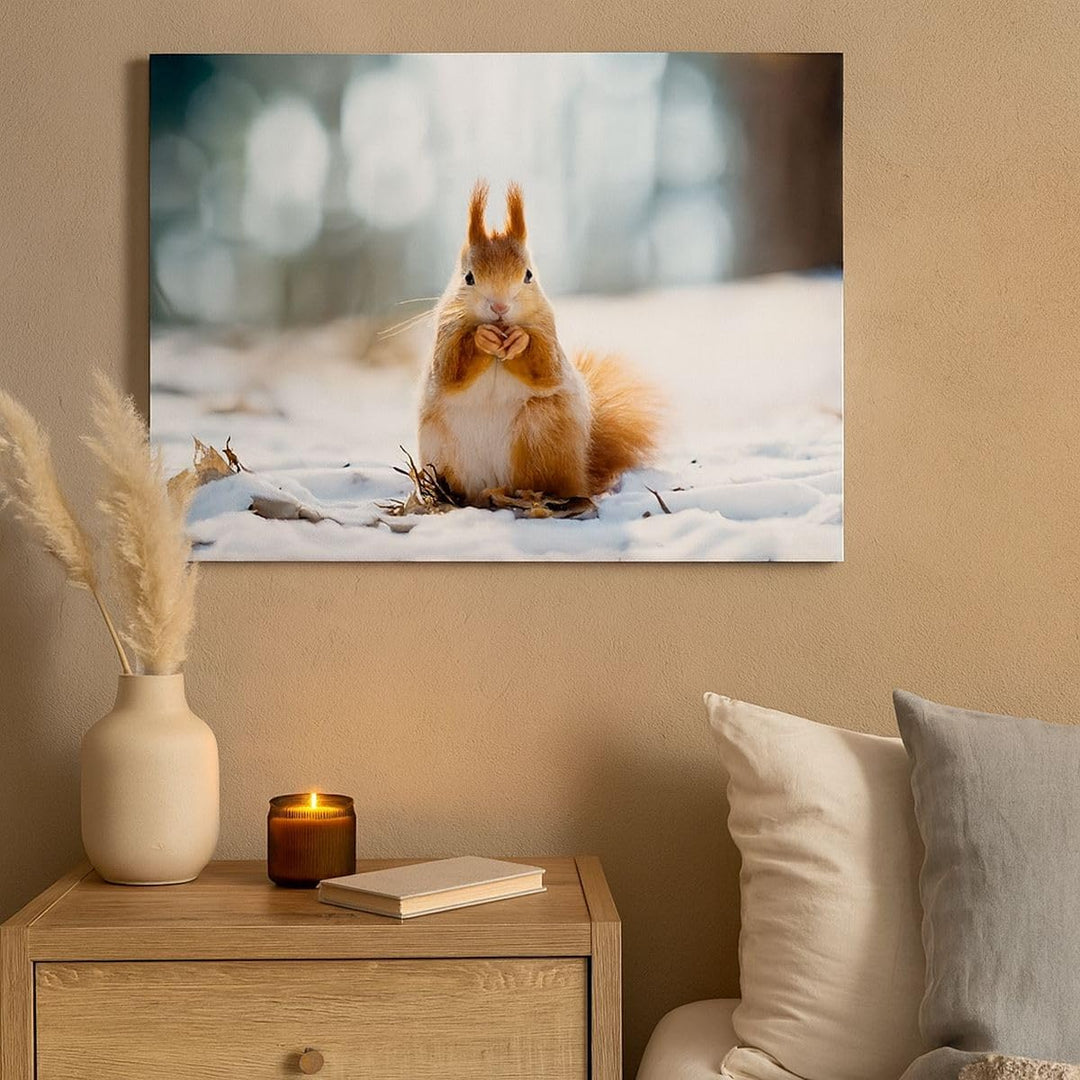 Bilder auf Leinwand 100x70cm Leinwandbild Eichhörnchen Winter Schnee Essen Gross Wanddeko Bild Schla