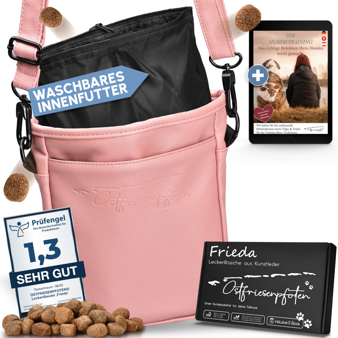 Ostfriesenpfoten® Leckerlibeutel 'Frieda' für Hunde aus hochwertigem Kunstleder - Altrosa Grösse L -