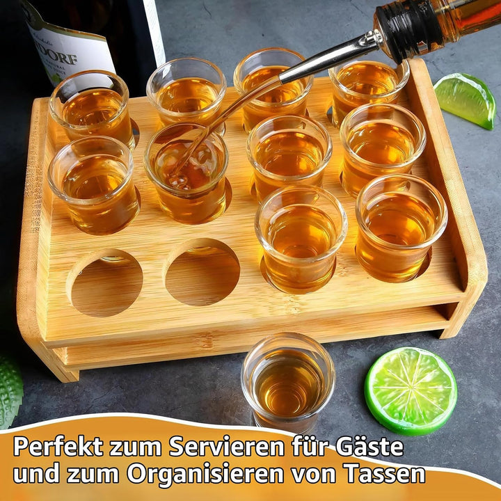 Schnapsglas-Set Mit Tablett - 12 Stück 30ml Gläser, Brett, Halter - Gerade, Dicke Basis, Klares Glas
