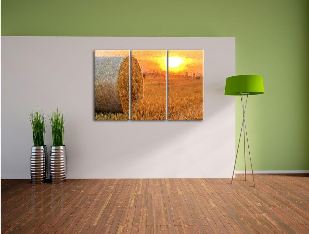Pixxprint Strohballen auf Feld als Leinwandbild/Grösse: 3 Teilig (120x80 cm) cm/Wandbild/Kunstdruck/