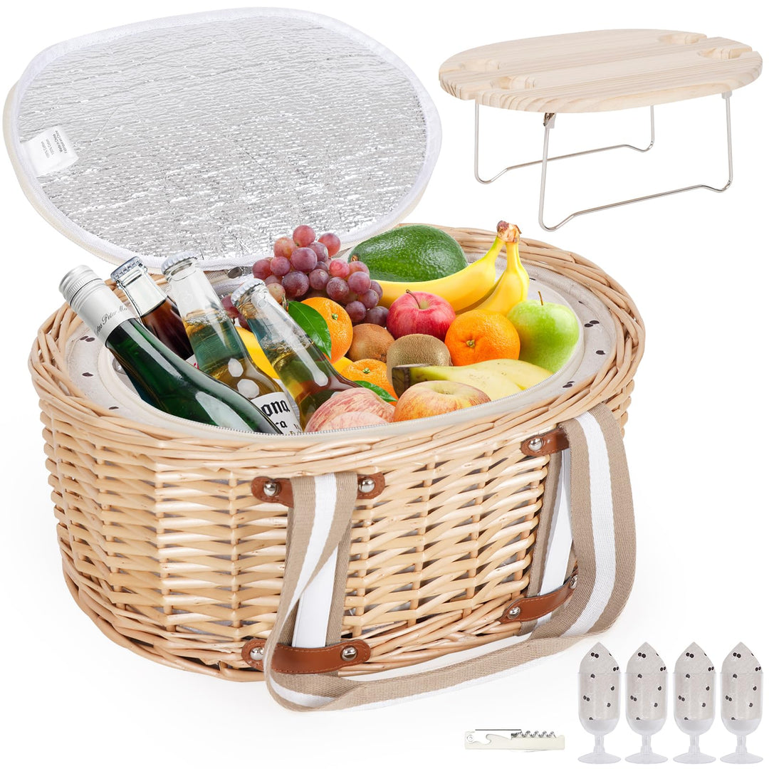 Picknickkorb-Set für 4 Personen – Isolierter Weidenkorb mit klappbarem Weintisch, Picknickset mit In