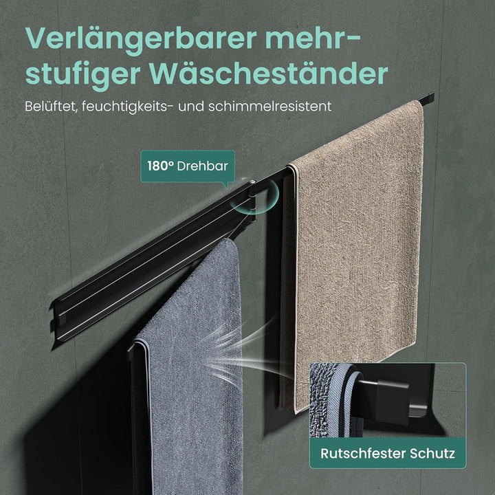 Mai & Mai Handtuchhalter ohne Bohren, 180° schwenkbar mit 3 Armen, Handtuchstange selbstklebend oder
