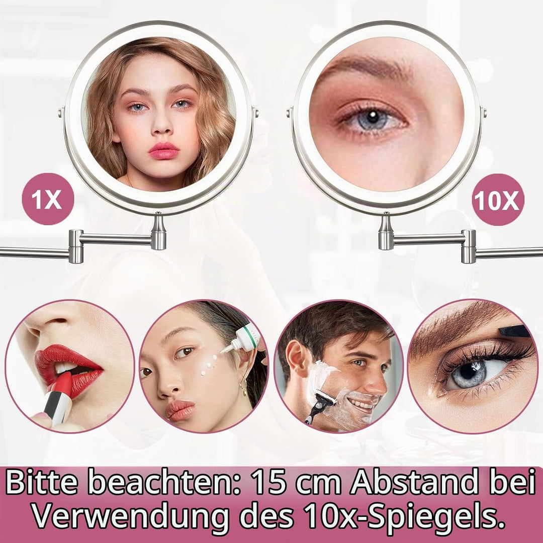 Wiederaufladbar Kosmetikspiegel mit 1X/10X Vergrösserung LED Beleuchtung, Dimmbarer Rasierspiegel 3