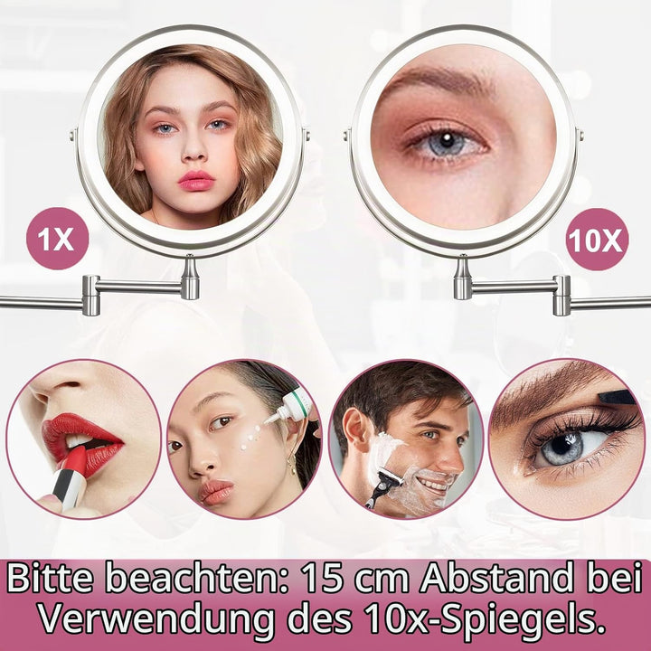 Wiederaufladbar Kosmetikspiegel mit 1X/10X Vergrösserung LED Beleuchtung, Dimmbarer Rasierspiegel 3