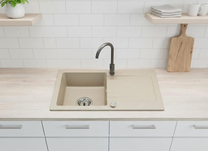 Faizee Home | Granitspüle Set 75x44 cm Beige – Beidseitig montierbare Küchenspüle mit Armatur in Gra