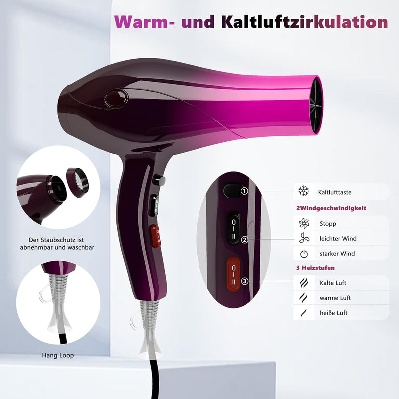 Jooayou Föhn, Fön, Haartrockner, 3000 W Haarföhn für Damen, Föhn mit Diffusor, Profi-Fön, 3 Hitze-un