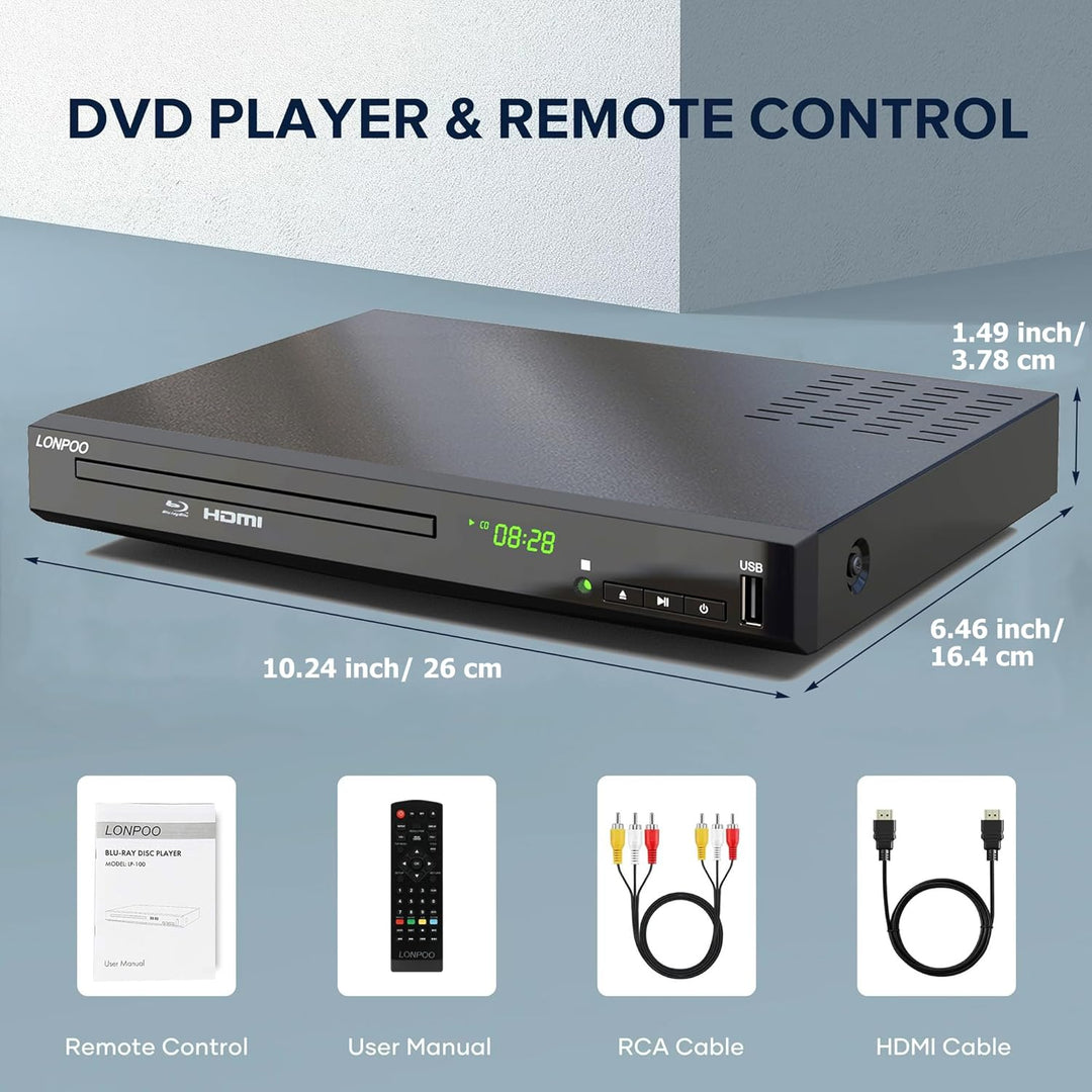 1080P HD Bluray Player für TV, Kompakter Blu-ray Player/DVD-Player mit HDMI/Koaxial/AV-Porta, Unters