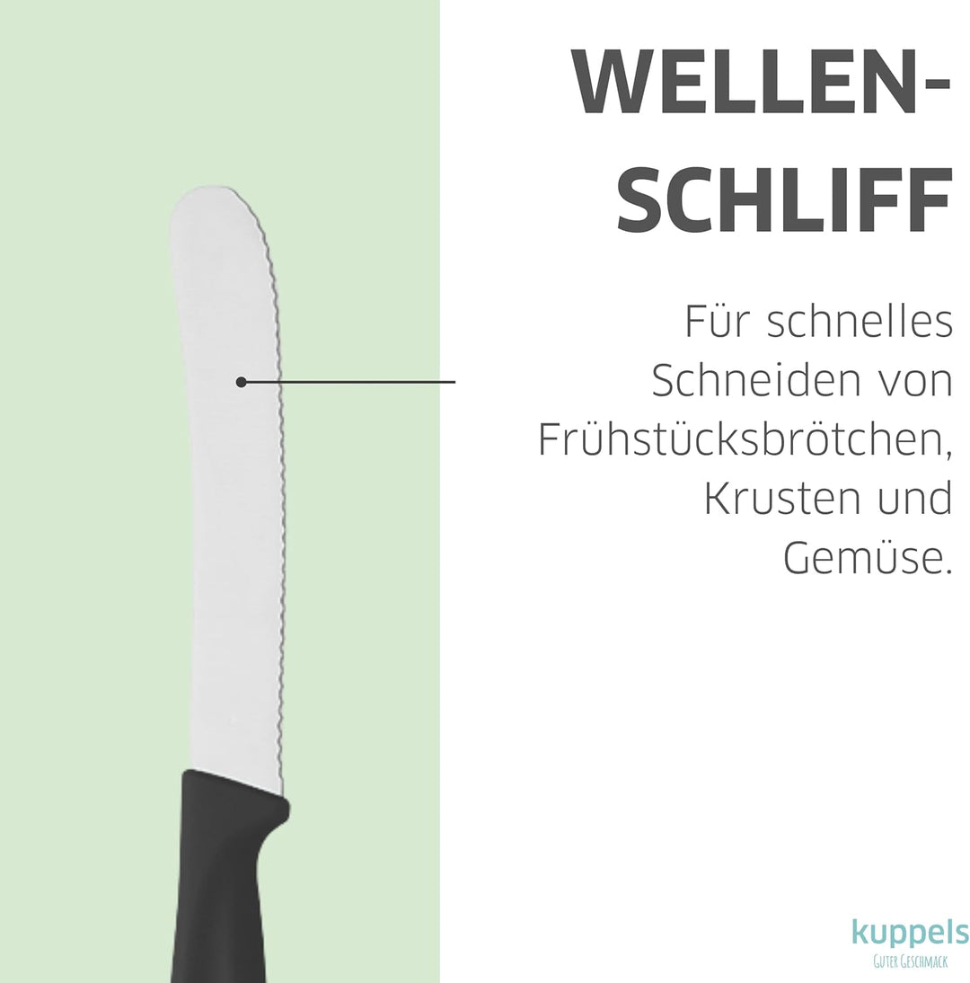 Kuppels Frühstücksmesser Set 9-tlg, Wellenschliff, schwarz, Kunststoffgriff | Gezahnte Klinge macht