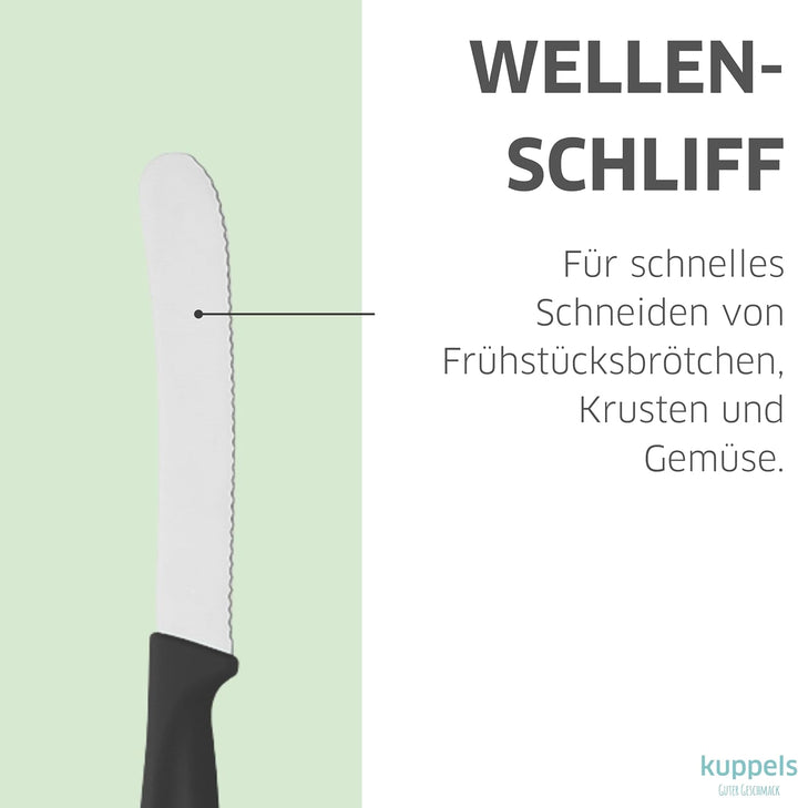 Kuppels Frühstücksmesser Set 9-tlg, Wellenschliff, schwarz, Kunststoffgriff | Gezahnte Klinge macht