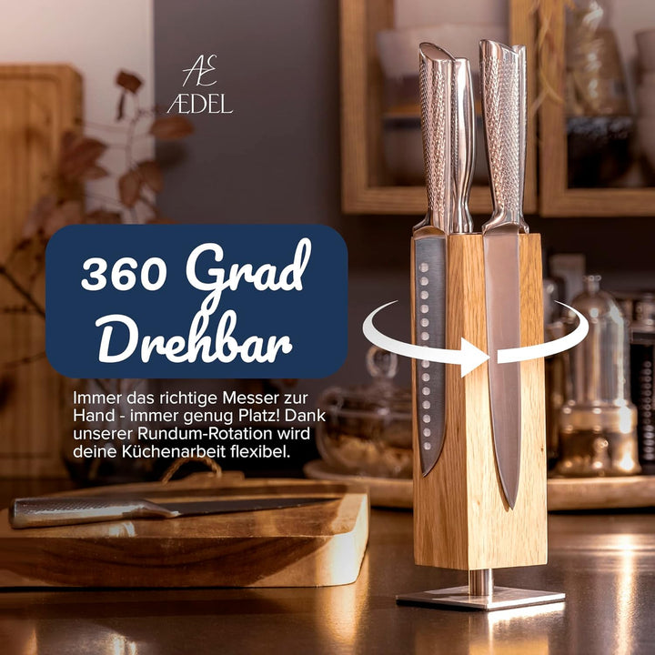 AEDEL Design Messerblock magnetisch & drehbar aus edlem Eichenholz | Messerhalter für mind. 4 grosse