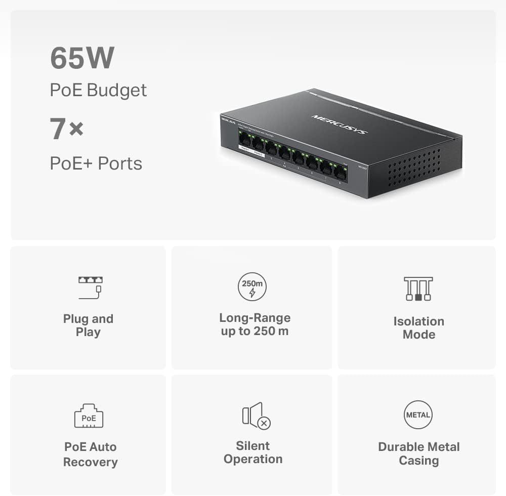 MERCUSYS MS108GP Gigabit RJ45 Switch, 8 Ports, 7 PoE+ Ports, PoE-Übertragung bis zu 250 Meter, Ether
