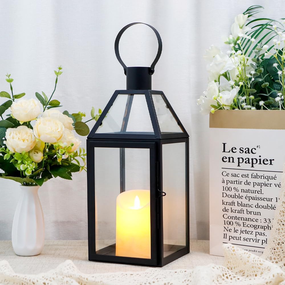 JHY DESIGN Schwarze dekorative Laternen 40.5 cm hoch Edelstahl-Kerzenlaternen mit gehärtetem Glas fü