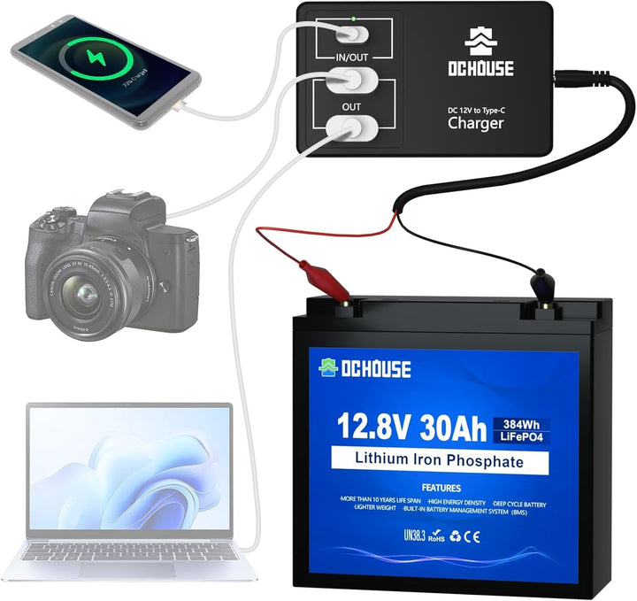 DCHOUSE 12V 24Ah LiFePO4 Akku Deep Cycle Lithium Batterie Wiederaufladbar mit 3000+ Tiefzyklus und B
