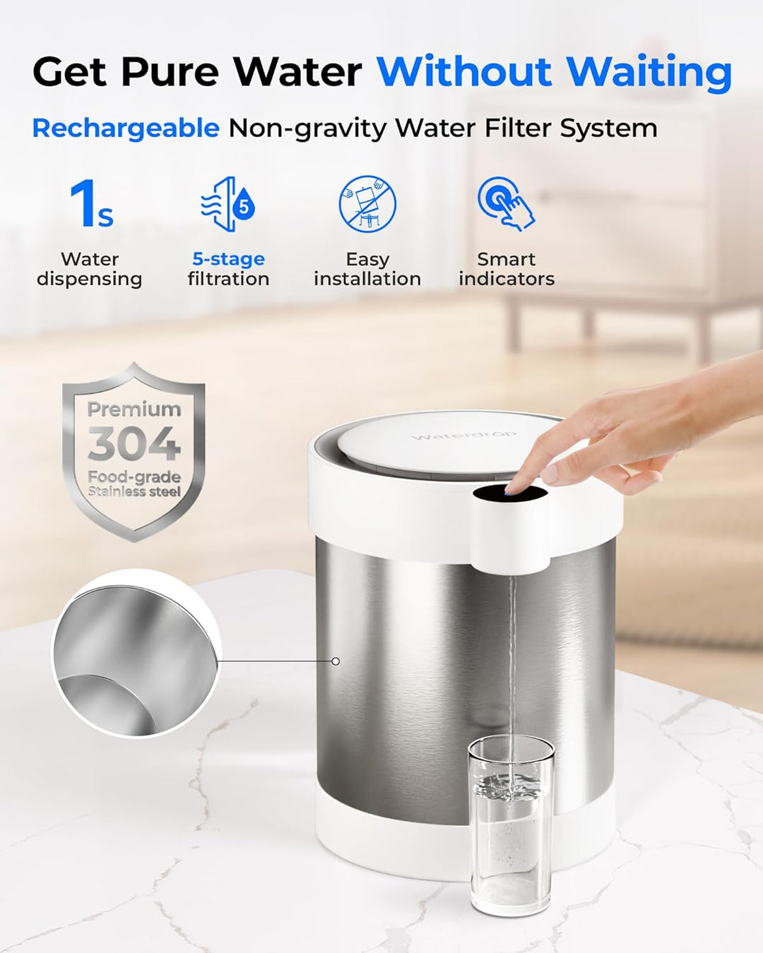 Waterdrop Sofortiges Nicht-Schwerkraft-Wasserfiltersystem, 21-Tassen-Edelstahl-Arbeitsplatten-Wasser