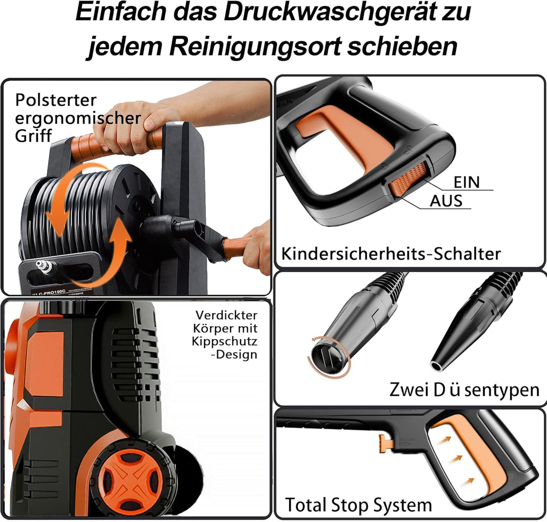 Hochdruckreiniger 200 Bar, Touchscreen 8-stufiger, 6-in-1-Düse, Druck: 100-200bar, Fördermenge: 280-
