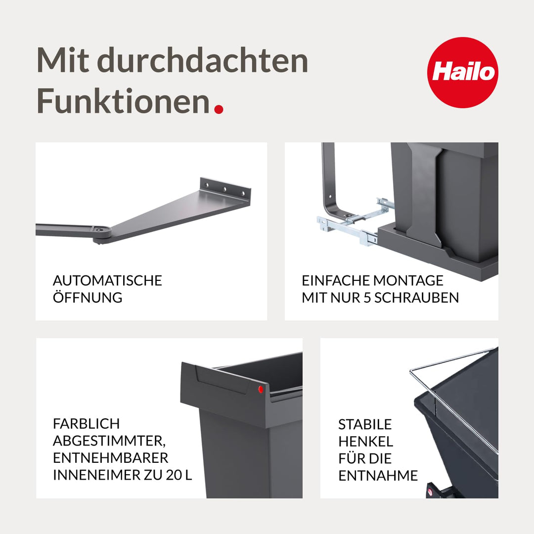 Hailo AS Solo 20 Automatik | mit Ausfahrautomatik | 20 Liter Inneneimer | für Schränke ab 400 mm Bre