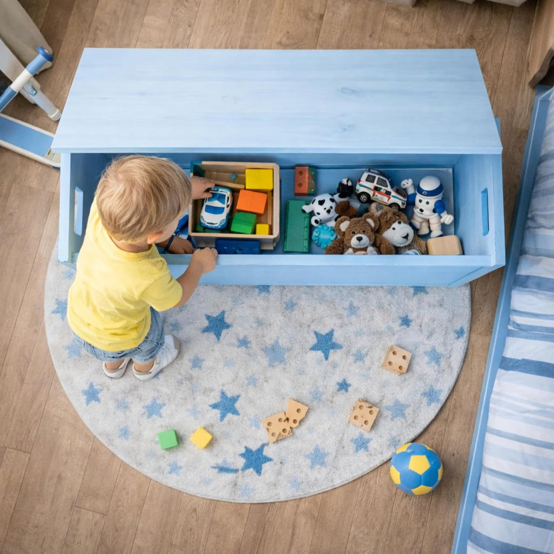 Pinus Spielzeugkiste aus Holz mit Deckel und Rollen, 90×48×51 cm - Grosse Aufbewahrungsbox für Spiel
