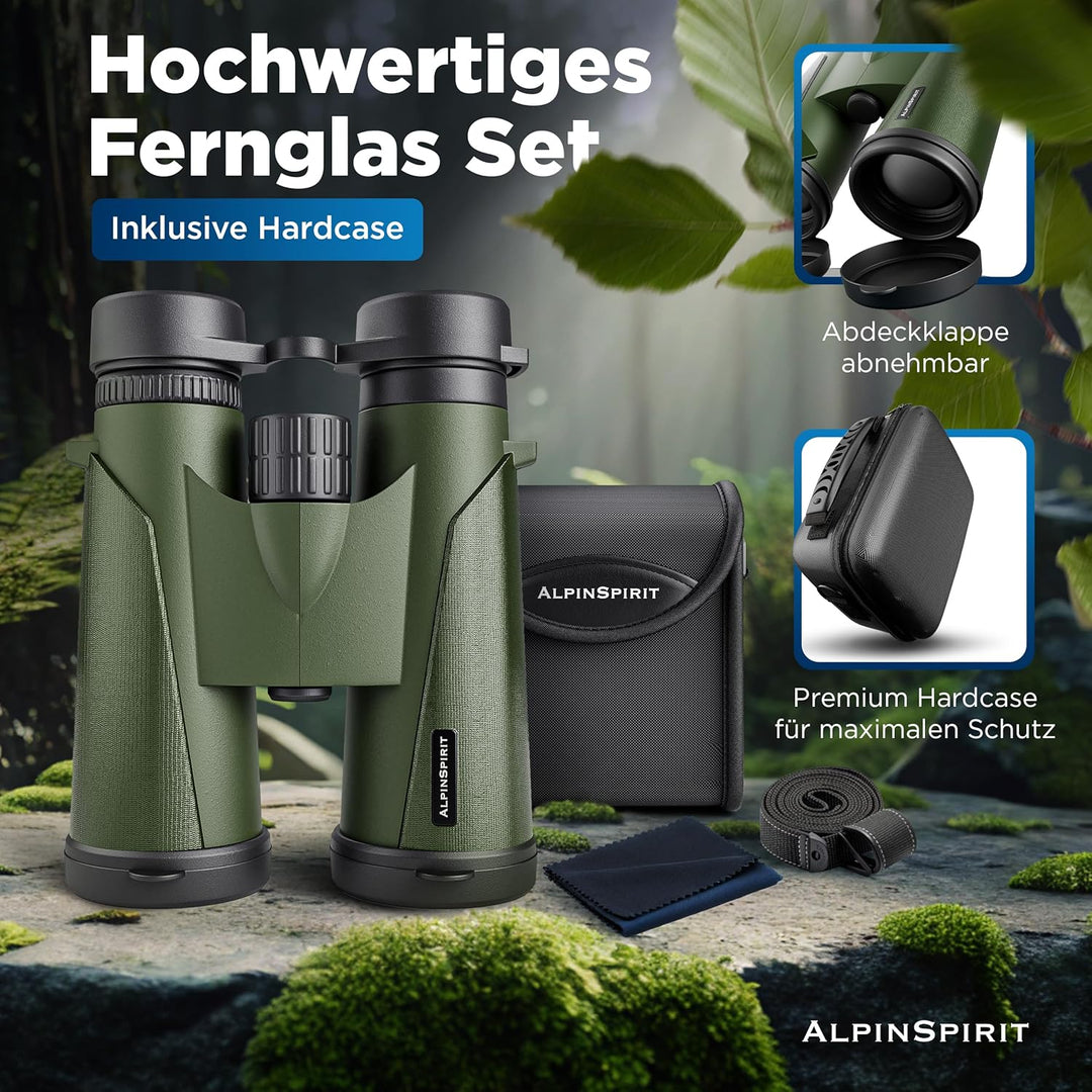 AlpinSpirit© Fernglas 8x42 inkl. Hardcase & Zubehör (Testsieger) – geeignet für Brillenträger - komp