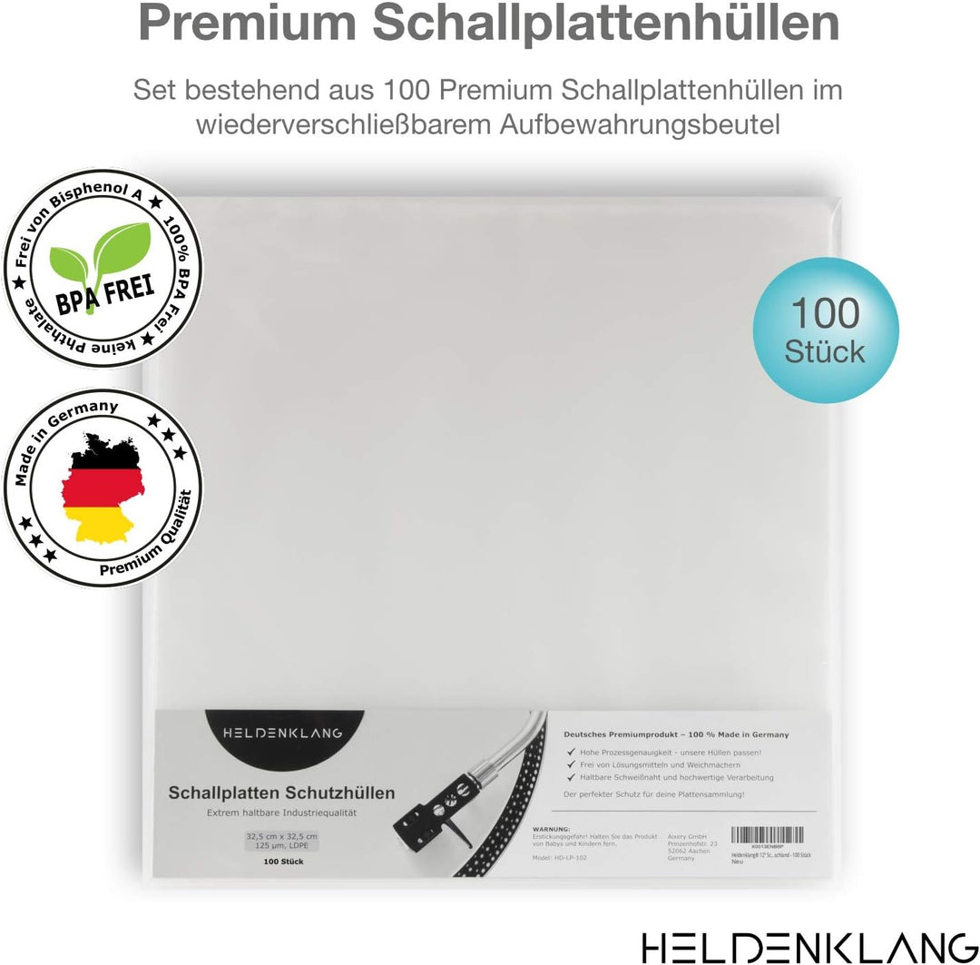 Heldenklang® 12" Schallplatten Hüllen - Extra dicke LP-Schutzhüllen - Sehr transparent - Made in Ger