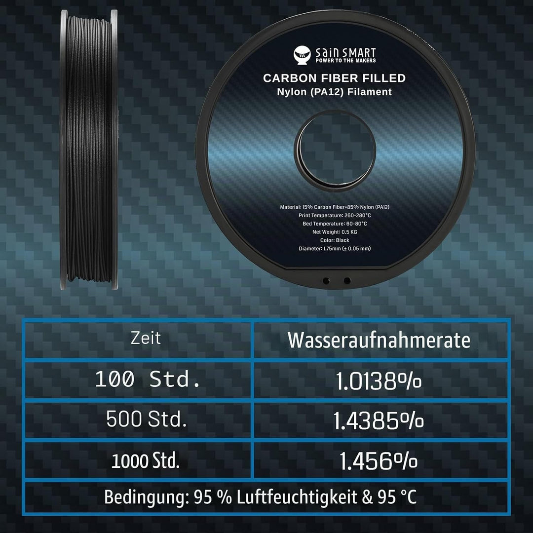 SainSmart ePA12-CF Carbon Faser Nylon Filament 1,75 mm, 0,5 kg, Massgenauigkeit +/- 0,05 mm, Schwarz