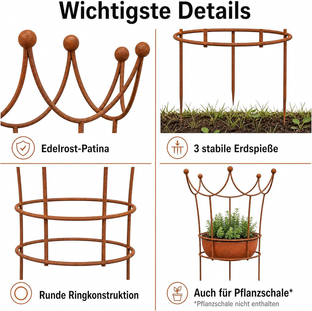 Edelrost Krone Staudenstütze, dekorative Pflanzenstütze aus Metall, nostalgisches Design, wetterfest