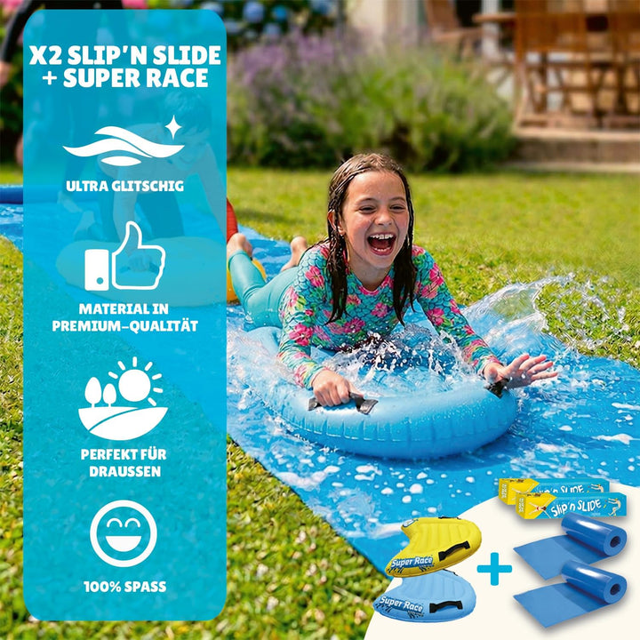 Original Cup Slipn'Slide 20 Meter XXL Pack | 2 Wasserrutschmatte 10 Meter + 2 Bodyboards für bessere