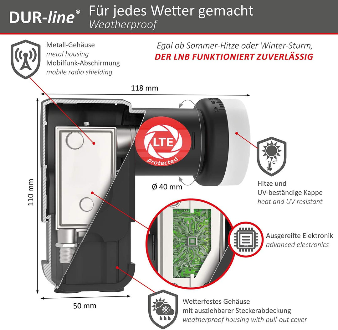 DUR-line +Ultra Twin LNB - 2 Teilnehmer schwarz - mit LTE-Filter [ Test SEHR GUT *] 2-Fach, digital