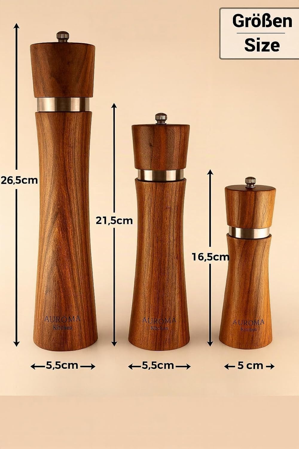 AUROMA Salz & Pfeffermühlen Set aus hochwertigem Akazienholz gefertigt | Modernes Design | Geschenki
