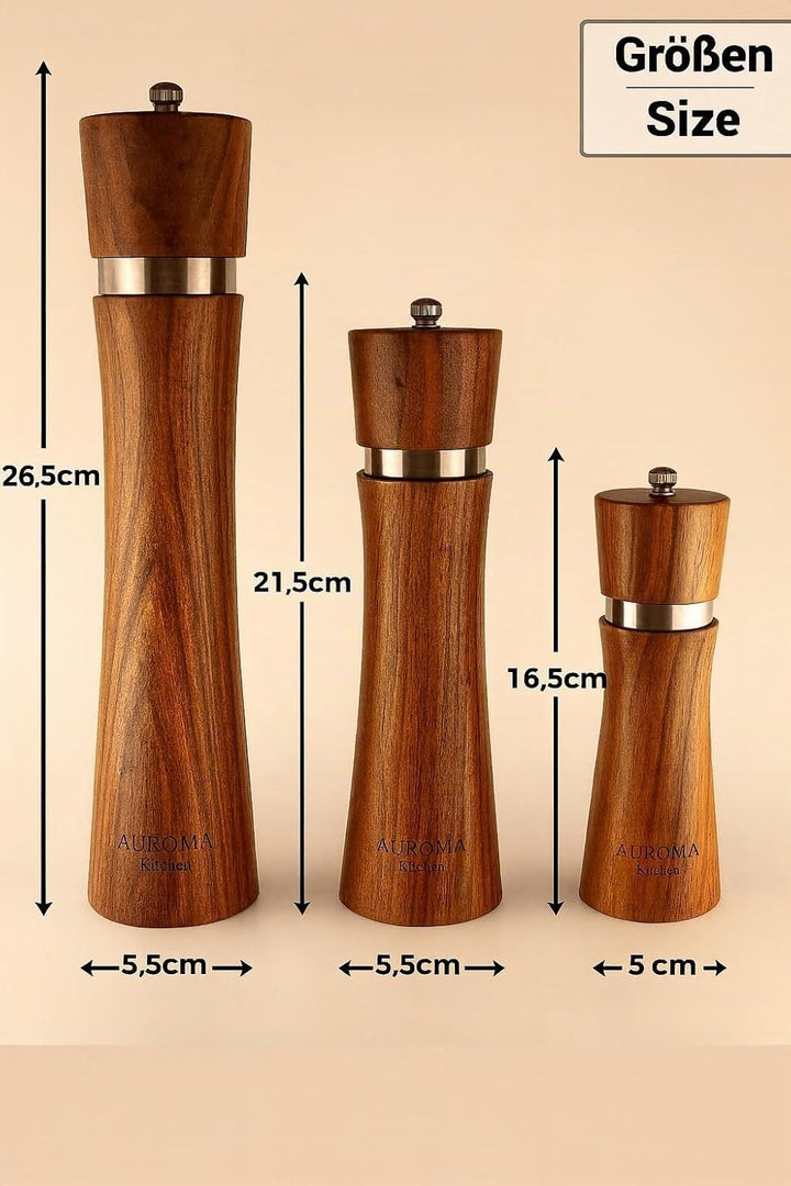 AUROMA Salz & Pfeffermühlen Set aus hochwertigem Akazienholz gefertigt | Modernes Design | Geschenki