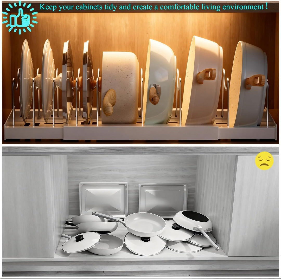 Expandable Pan Organizer for Cabinet, Pots lid and Pans Holder Rack with 7 Adjustable Dividers,Compa