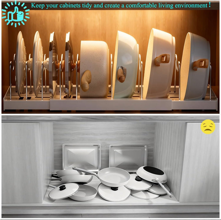 Expandable Pan Organizer for Cabinet, Pots lid and Pans Holder Rack with 7 Adjustable Dividers,Compa