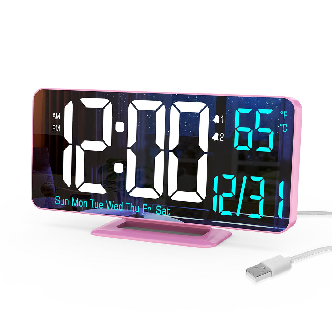 KOSUMOSU Rosa Digitaluhr für Schlafzimmer, 17 cm, Dual-Wecker mit Dimmung, 12/24 Stunden, Sekunden,