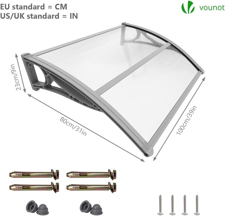 VOUNOT Vordach für Haustür 100 x 80 cm, Überdachung Haustür aus Aluminium und Polycarbonat, Transpar